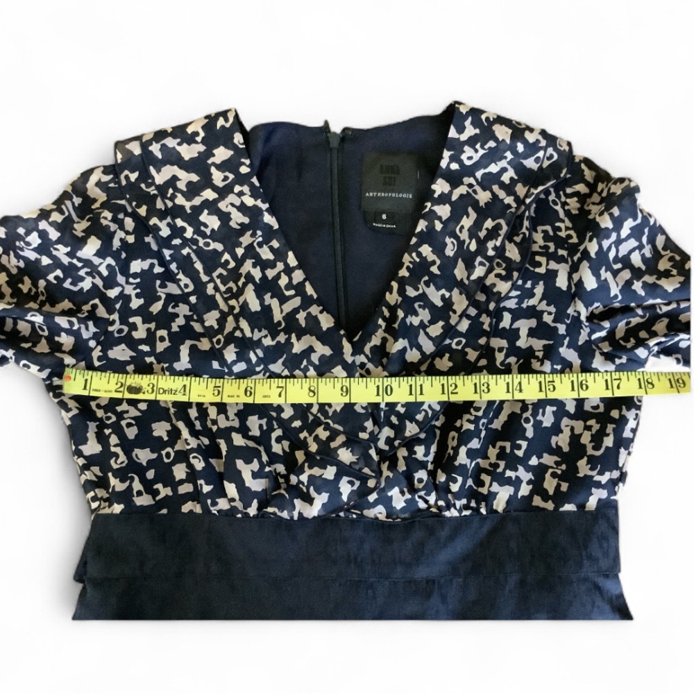 Anthropologie Anna Sui Ruffle V-Neck Silk Cocktail Dress Size 6 Navy Coquette - Picture 11 of 12